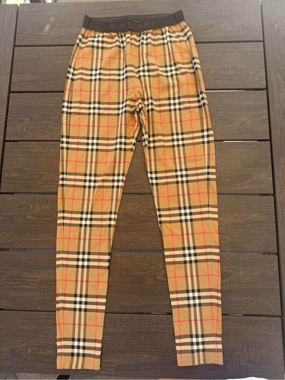 Burberry Beige Plaid Leggings with Black Waistband